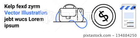 E-commerce, finance, marketing, online shopping, business tools, and retail innovation. Minimalist icon set a handbag, dollar coin and storefront. Ideal for e-commerce and finance E-commerce, finance, marketing, online shopping, business tools, and retail innovation. Minimalist icon set a handbag, dollar coin and storefront. Ideal for e-commerce and finance 134884250