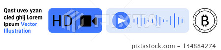 Digital media, video content, cryptocurrency, audio playback, sound waves, financial technology. HD video icon, audio play button sound wave elements Bitcoin symbol. Media content 134884274