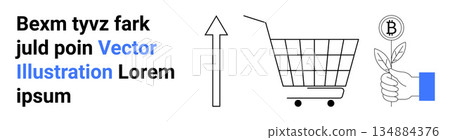 Sustainable investments, cryptocurrency, economic growth, shopping trends, eco-conscious consumption, digital economy. Symbols include an arrow, shopping cart, and Bitcoin in a hand with plants Sustainable investments, cryptocurrency, economic growth, shopping trends, eco-conscious consumption, digital economy. Symbols include an arrow, shopping cart, and Bitcoin in a hand with plants 134884376
