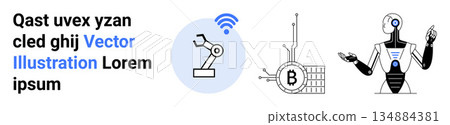 Robotics, blockchain, AI, automation, digital economy, wireless connectivity. Industrial robotic arm, blockchain symbol humanoid robot. Robotics and blockchain concepts illustrated 134884381