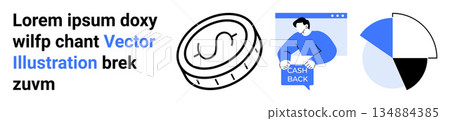 Cashback, online shopping rewards, financial savings, e-commerce benefits, economic planning, consumer behavior. Coin icon, person holding cashback banner pie chart. Cashback and financial savings 134884385