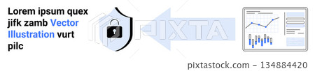 Cybersecurity, data privacy, digital protection, information safety, analytics, secure data storage. Shield with lock icon, bar charts and graphs. Cybersecurity and data privacy visualization 134884420