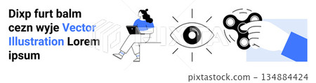 Creativity, focus, digital tools, observation, mindfulness, productivity. A woman using a laptop, an abstract eye icon and a hand with a fidget spinner. Creativity and focus concept Creativity, focus, digital tools, observation, mindfulness, productivity. A woman using a laptop, an abstract eye icon and a hand with a fidget spinner. Creativity and focus concept 134884424
