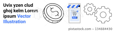 E-commerce, blockchain, automation, digital transactions, financial technology, business solutions. Coin, mobile store and gears. E-commerce and blockchain concepts visually displayed E-commerce, blockchain, automation, digital transactions, financial technology, business solutions. Coin, mobile store and gears. E-commerce and blockchain concepts visually displayed 134884430