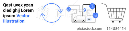 E-commerce, logistics, delivery services, recycling, route planning, retail shopping. Circular recycling arrows, truck with route mapping icons and a shopping cart. Logistics and e-commerce visual E-commerce, logistics, delivery services, recycling, route planning, retail shopping. Circular recycling arrows, truck with route mapping icons and a shopping cart. Logistics and e-commerce visual 134884454