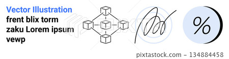 Blockchain technology, data security, finance, authentication, digital transactions, cryptography. Blockchain diagram, signature symbol percentage icon. Blockchain technology and data security 134884458
