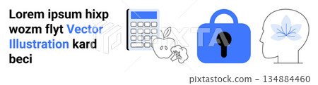 Cybersecurity, health tracking, mindful living, information security, data analysis, healthy habits. A lock, brain calculator apple and cauliflower. Cybersecurity and health tracking concepts Cybersecurity, health tracking, mindful living, information security, data analysis, healthy habits. A lock, brain calculator apple and cauliflower. Cybersecurity and health tracking concepts 134884460
