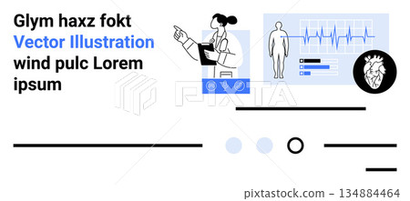 Telehealth, medical diagnostics, patient monitoring, healthcare data, digital health, cardiology. Female doctor pointing at patient data with ECG, heart metrics and medical symbols. Telehealth 134884464