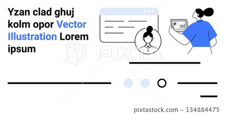 Identity verification, user authentication, digital communication, networking, profile management, software interface. Woman holding a tablet, user profile displayed. Identity verification and user Identity verification, user authentication, digital communication, networking, profile management, software interface. Woman holding a tablet, user profile displayed. Identity verification and user 134884475