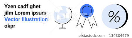 Education, achievement, global outreach, finance, calculation, statistics. A globe, award ribbon and percentage symbol in minimal design. Global outreach and achievement 134884479
