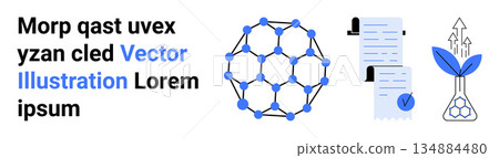 Blockchain technology, sustainability, legal agreements, environmental growth, innovation, and documentation. Network structure, legal documents, and a plant sprouting from renewable energy symbols 134884480