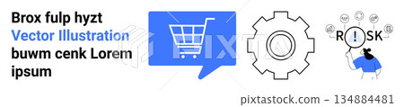 E-commerce, risk analysis, system optimization, business processes, financial operations, digital workflows. Shopping cart, gear and man assessing risks. E-commerce and risk analysis visual concepts E-commerce, risk analysis, system optimization, business processes, financial operations, digital workflows. Shopping cart, gear and man assessing risks. E-commerce and risk analysis visual concepts 134884481