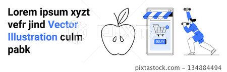 E-commerce, health, exploration, digital lifestyle, online buying, and tech interaction. Black outline apple, mobile storefront with cart person observing through binoculars. E-commerce and health 134884494