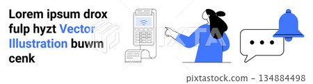 Communication, notifications, remote work, online messaging, alerts, communication systems. Woman gesturing towards a typing keypad, bell and chat bubble. Communication and notifications systems Communication, notifications, remote work, online messaging, alerts, communication systems. Woman gesturing towards a typing keypad, bell and chat bubble. Communication and notifications systems 134884498