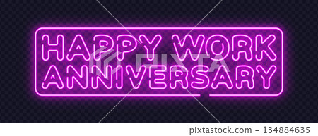 Pink neon happy work anniversary sign with festive style, perfect for corporate celebrations and team milestones. Soft glow adds joyful mood. Pink neon happy work anniversary sign with festive style, perfect for corporate celebrations and team milestones. Soft glow adds joyful mood. 134884635