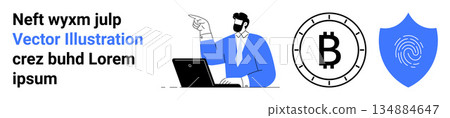 Blockchain, cryptocurrency, security systems, digital identity, fintech, online authentication. Person at a laptop beside Bitcoin symbol and fingerprint shield. Blockchain and cryptocurrency security Blockchain, cryptocurrency, security systems, digital identity, fintech, online authentication. Person at a laptop beside Bitcoin symbol and fingerprint shield. Blockchain and cryptocurrency security 134884647