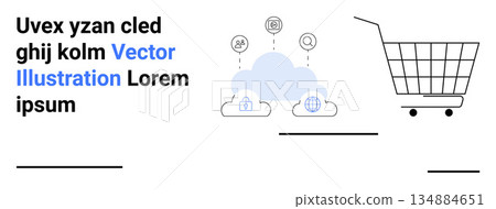 E-commerce, cloud storage, online shopping, digital security, retail technology, data sharing. Cloud icons with computing symbols and shopping cart. E-commerce and cloud storage E-commerce, cloud storage, online shopping, digital security, retail technology, data sharing. Cloud icons with computing symbols and shopping cart. E-commerce and cloud storage 134884651