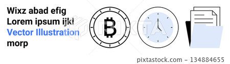 Cryptocurrency, time tracking, file management, financial technology, digital assets, productivity tools. Minimalistic icons of Bitcoin, a clock and folder with documents. Cryptocurrency and time 134884655