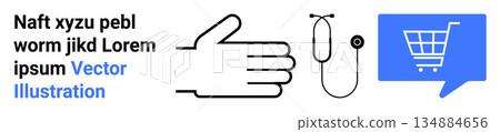 Healthcare, e-commerce, communication, diagnostics, online shopping, retail sales. A hand gesture, stethoscope and shopping cart in a speech bubble. E-commerce and healthcare communication concept Healthcare, e-commerce, communication, diagnostics, online shopping, retail sales. A hand gesture, stethoscope and shopping cart in a speech bubble. E-commerce and healthcare communication concept 134884656