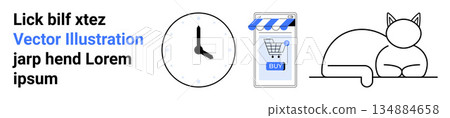 E-commerce, time management, online retail, shopping convenience, relaxation, home lifestyle. Minimalist icons of a clock, smartphone storefront and a cat. E-commerce and time management visual 134884658