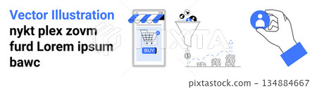 E-commerce, customer targeting, digital marketing, sales funnel, online store, data analytics. Elements include a shopping cart on a phone, funnel processing and user icon. E-commerce and customer E-commerce, customer targeting, digital marketing, sales funnel, online store, data analytics. Elements include a shopping cart on a phone, funnel processing and user icon. E-commerce and customer 134884667