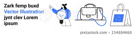 Creative thinking, shopping, business ideas, e-commerce, branding, teamwork. Visual of a person holding a lit light bulb, a laptop bag and a shopping bag. Creative thinking and shopping concepts Creative thinking, shopping, business ideas, e-commerce, branding, teamwork. Visual of a person holding a lit light bulb, a laptop bag and a shopping bag. Creative thinking and shopping concepts 134884668