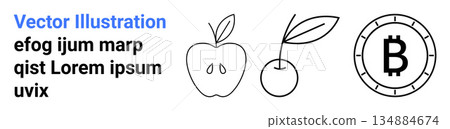 Digital finance, cryptocurrency, healthy eating, modern design, food , minimalist art. Line drawings of apple, cherry and Bitcoin symbol alongside sample text. Digital finance and healthy eating Digital finance, cryptocurrency, healthy eating, modern design, food , minimalist art. Line drawings of apple, cherry and Bitcoin symbol alongside sample text. Digital finance and healthy eating 134884674