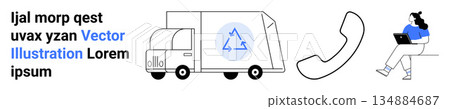Recycling, delivery services, telecommunication, sustainability, remote work, customer support. A truck with a recycling icon, a phone symbol and a person using a laptop. Recycling and delivery Recycling, delivery services, telecommunication, sustainability, remote work, customer support. A truck with a recycling icon, a phone symbol and a person using a laptop. Recycling and delivery 134884687