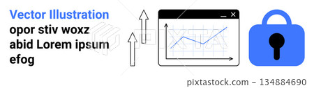 Data protection, business growth, online security, financial analytics, safe transactions, cybersecurity. Chart with upward trendline, upward arrows and padlock. Data security and business growth Data protection, business growth, online security, financial analytics, safe transactions, cybersecurity. Chart with upward trendline, upward arrows and padlock. Data security and business growth 134884690