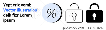 Security, access control, data protection, finance, encryption, permissions. Minimalistic icons of percentage symbol, unlocked and locked padlocks. Security and access control concepts Security, access control, data protection, finance, encryption, permissions. Minimalistic icons of percentage symbol, unlocked and locked padlocks. Security and access control concepts 134884692
