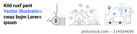 Cryptocurrency, smart technology, logistics, modern housing, innovation, connectivity. Blockchain symbol, smart home and delivery truck with GPS icons. Cryptocurrency and smart technology 134884699
