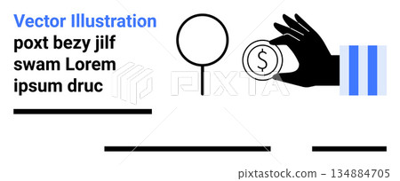 Financial transactions, savings, monetary value, minimalism, economic concepts, design elements. Hand holding a dollar coin near a circle icon with text. Financial transactions and savings concept Financial transactions, savings, monetary value, minimalism, economic concepts, design elements. Hand holding a dollar coin near a circle icon with text. Financial transactions and savings concept 134884705