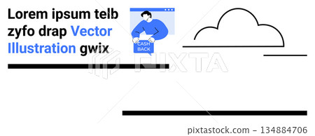 E-commerce, cashback offers, digital payments, online shopping, financial rewards, creative design. Man holding cashback in a web popup with stylized cloud. E-commerce and cashback offers theme E-commerce, cashback offers, digital payments, online shopping, financial rewards, creative design. Man holding cashback in a web popup with stylized cloud. E-commerce and cashback offers theme 134884706
