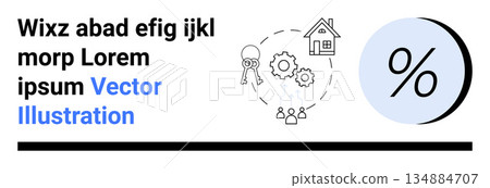 Finance, interest rates, homeownership, mortgage, teamwork, and process optimization. A home, key gears and percentage symbol grouped visually. Finance and interest rates Finance, interest rates, homeownership, mortgage, teamwork, and process optimization. A home, key gears and percentage symbol grouped visually. Finance and interest rates 134884707