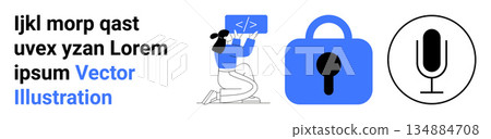 Software development, cybersecurity, audio technology, data protection, programming tools, secure communication. Woman coding, blue lock symbol simple microphone icon. Software development Software development, cybersecurity, audio technology, data protection, programming tools, secure communication. Woman coding, blue lock symbol simple microphone icon. Software development 134884708