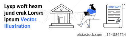 Business transactions, banking, document signing, digital work, remote agreements, financial planning. Bank building, person working on a laptop signed contract. Banking and document signing concept 134884734