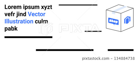 E-commerce, logistics, delivery services, online shopping, digital marketing, retail packaging. A package with a shop label and text around it. E-commerce and logistics concept E-commerce, logistics, delivery services, online shopping, digital marketing, retail packaging. A package with a shop label and text around it. E-commerce and logistics concept 134884738