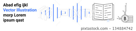 Education, technology, digital media, blockchain, audio analysis, innovation. Blue audio waves, an open book and a cryptographic symbol with a B. Digital media and blockchain visualization concept Education, technology, digital media, blockchain, audio analysis, innovation. Blue audio waves, an open book and a cryptographic symbol with a B. Digital media and blockchain visualization concept 134884742