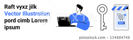 E-commerce, online security, digital payments, customer access, retail technology, and data protection. Illustration of a shopper with a laptop, key and digital store. E-commerce and online security E-commerce, online security, digital payments, customer access, retail technology, and data protection. Illustration of a shopper with a laptop, key and digital store. E-commerce and online security 134884748