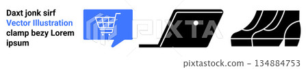 E-commerce, online shopping, technology, retail, digital marketing, clothing industry. Shopping cart in speech bubble, laptop footwear icons. E-commerce and online shopping concept E-commerce, online shopping, technology, retail, digital marketing, clothing industry. Shopping cart in speech bubble, laptop footwear icons. E-commerce and online shopping concept 134884753