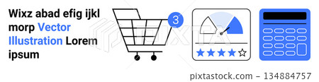 Online shopping, customer reviews, business analytics, retail sales, performance tracking, financial planning. Shopping cart with badge, rating scale and calculator. E-commerce and retail sales Online shopping, customer reviews, business analytics, retail sales, performance tracking, financial planning. Shopping cart with badge, rating scale and calculator. E-commerce and retail sales 134884757