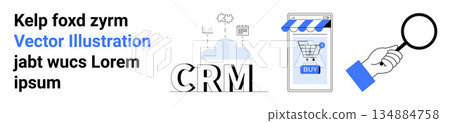Digital marketing, online shopping, research tools, CRM systems, business analysis, customer service. Visual elements include CRM text, shopping cart and magnifying glass. Digital marketing Digital marketing, online shopping, research tools, CRM systems, business analysis, customer service. Visual elements include CRM text, shopping cart and magnifying glass. Digital marketing 134884758