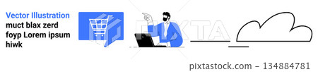 E-commerce, cloud storage, digital transactions, online marketing, technology services, customer interaction. Person pointing at a shopping cart and cloud icon. E-commerce and cloud storage concept E-commerce, cloud storage, digital transactions, online marketing, technology services, customer interaction. Person pointing at a shopping cart and cloud icon. E-commerce and cloud storage concept 134884781
