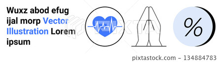 Health monitoring, spirituality, finance, wellness, meditation, data. A heart with a pulse line, praying hands and a percentage symbol. Health monitoring and spirituality concepts Health monitoring, spirituality, finance, wellness, meditation, data. A heart with a pulse line, praying hands and a percentage symbol. Health monitoring and spirituality concepts 134884783