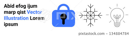 Security, innovation, winter , design elements, creative concepts, and technology. A blue lock, a snowflake and a light bulb. Security and innovation concepts are visually Security, innovation, winter , design elements, creative concepts, and technology. A blue lock, a snowflake and a light bulb. Security and innovation concepts are visually 134884784