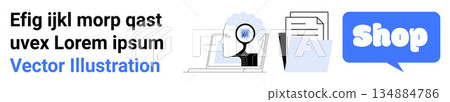 E-commerce, digital marketing, online shopping, data analysis, customer service, online store navigation. Features a profile, magnifying glass documents and a speech bubble. E-commerce and digital E-commerce, digital marketing, online shopping, data analysis, customer service, online store navigation. Features a profile, magnifying glass documents and a speech bubble. E-commerce and digital 134884786