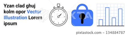 Time management, security, analytics, data visualization, privacy measures, digital tools. Stopwatch, lock and a bar graph. Time management and security are in these symbols Time management, security, analytics, data visualization, privacy measures, digital tools. Stopwatch, lock and a bar graph. Time management and security are in these symbols 134884787