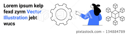 Technology, innovation, process development, digital connection, teamwork, analysis. Visual components include a gear, abstract structure and person pointing. s technology and innovation concepts Technology, innovation, process development, digital connection, teamwork, analysis. Visual components include a gear, abstract structure and person pointing. s technology and innovation concepts 134884789