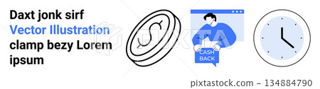 Financial planning, rebate programs, budget management, savings tools, e-commerce, time management. Coin symbol, user interface showing cashback and wall clock. Financial planning and rebate Financial planning, rebate programs, budget management, savings tools, e-commerce, time management. Coin symbol, user interface showing cashback and wall clock. Financial planning and rebate 134884790