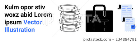 Business management, workflow processes, finance operations, banking, legal contracts, documentation. Stacked coins, briefcase and paper with checkmark icon. Business management and workflow Business management, workflow processes, finance operations, banking, legal contracts, documentation. Stacked coins, briefcase and paper with checkmark icon. Business management and workflow 134884791